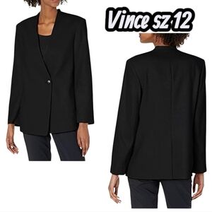 Vince Black Collarless Crepe Suit Blazer Jacket Minimalist Size 12